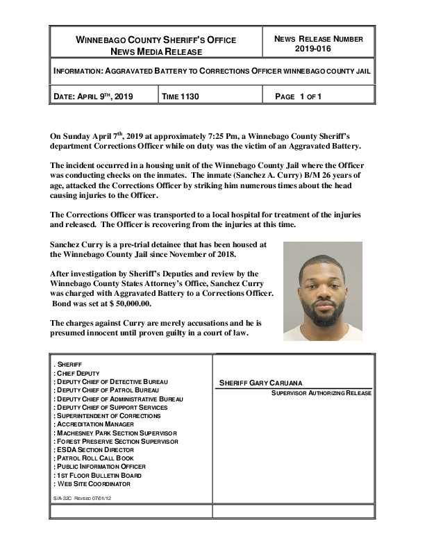 Aggravated Battery To Corrctions Officer Winnebago County Jail