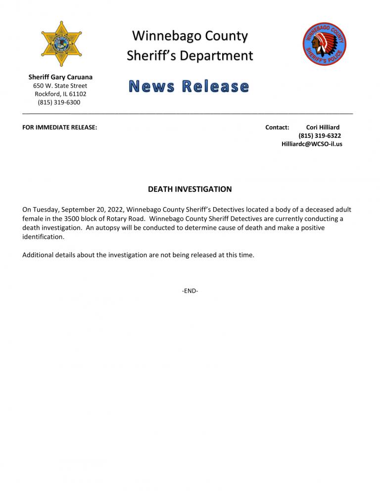News Release - Death Investigation - Rotary Road