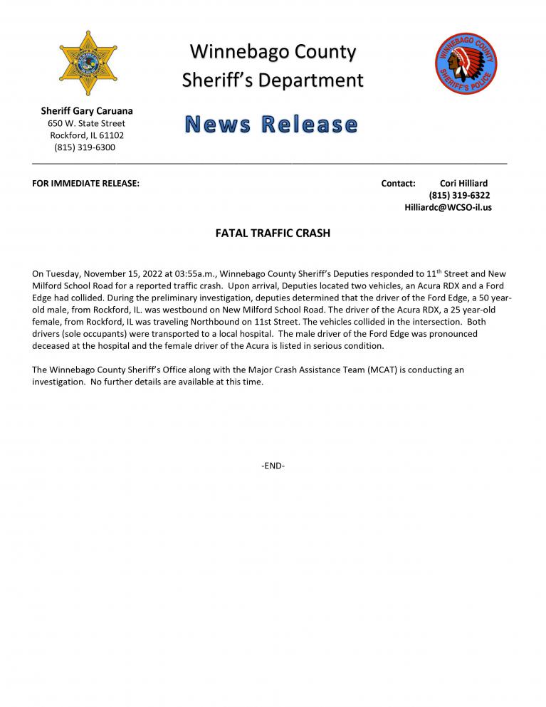 News Release - 11th Street & New Milford School Road Fatality Crash