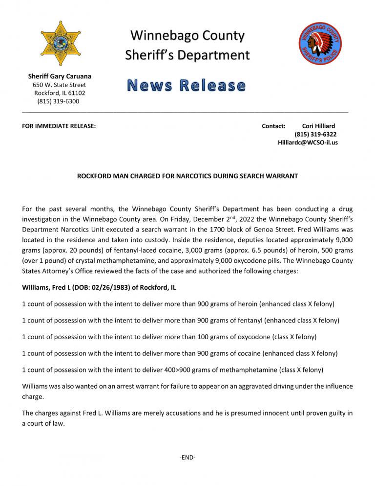 News Release - Narcotics Arrest - Fred Williams