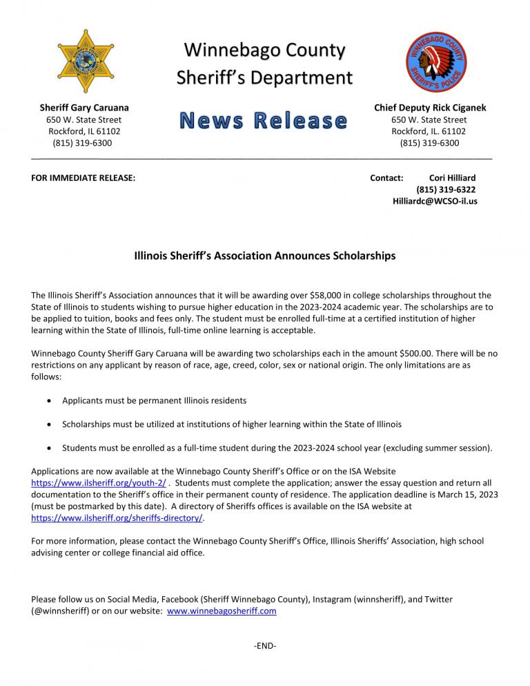 News Release - Illinois Sheriff's Association Scholarships