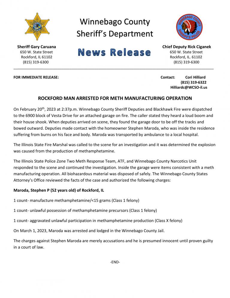 News Release - Rockford man charged after Meth Manufacturing Operation in his garage