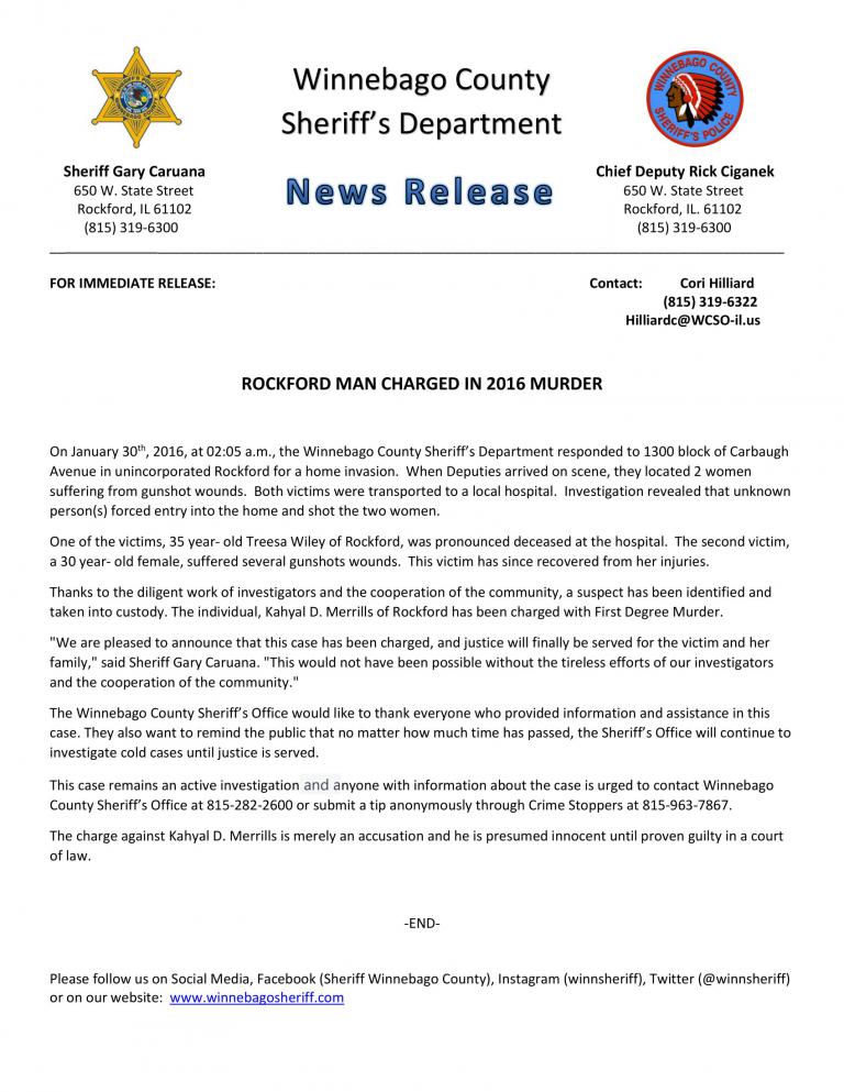 News Release - Rockford man charged in 2016 Cold Case Murder