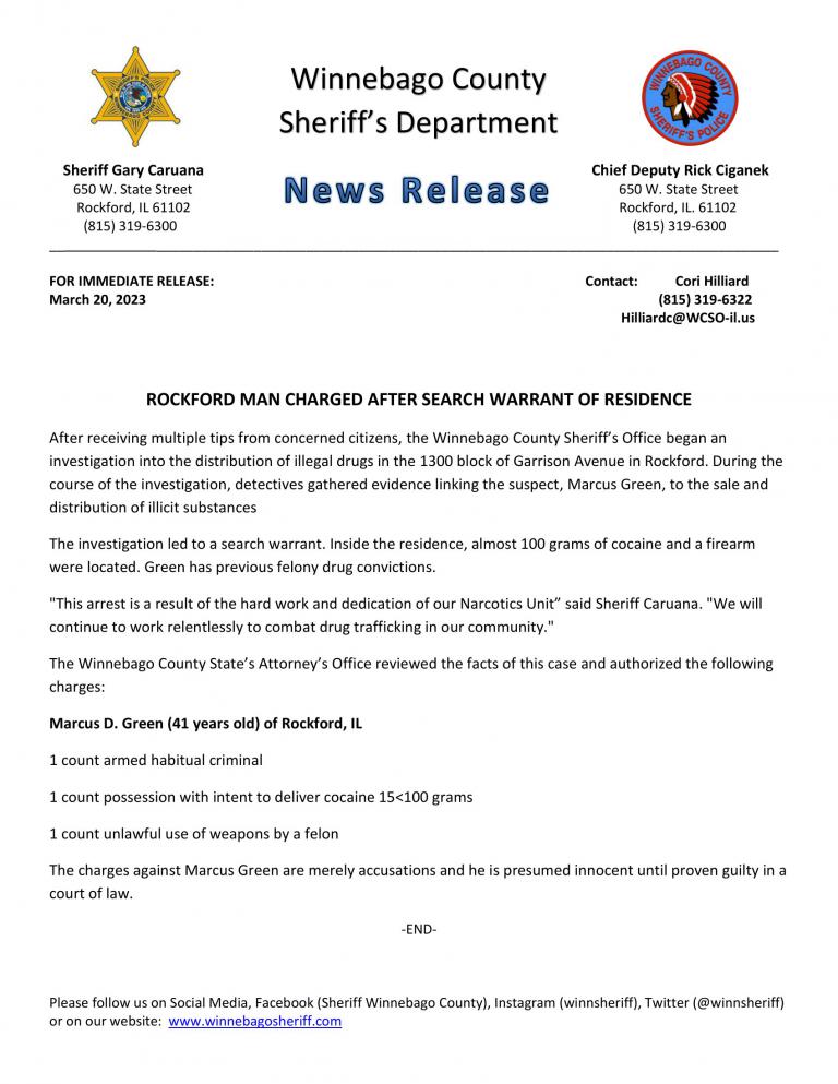 News Release - A Rockford man charged after Search Warrant of Residence