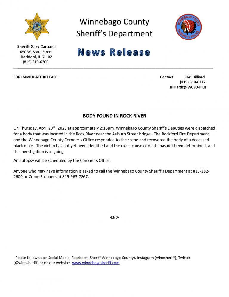 News Release - Body found in Rock River