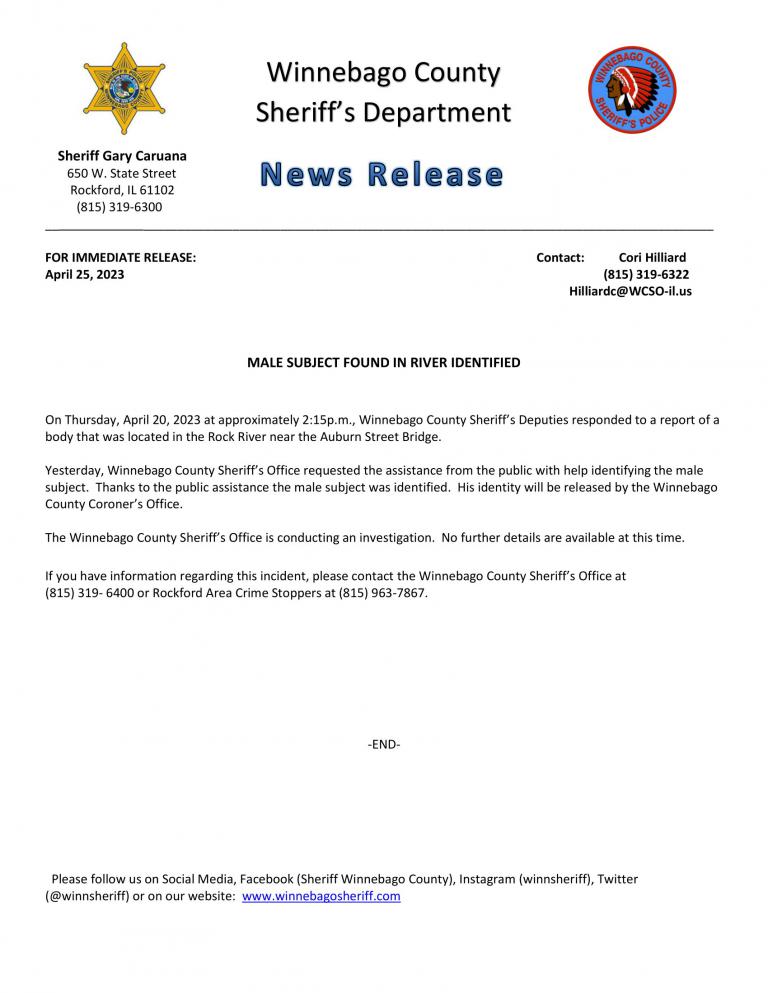 News Release - Male Subject found in River Identified