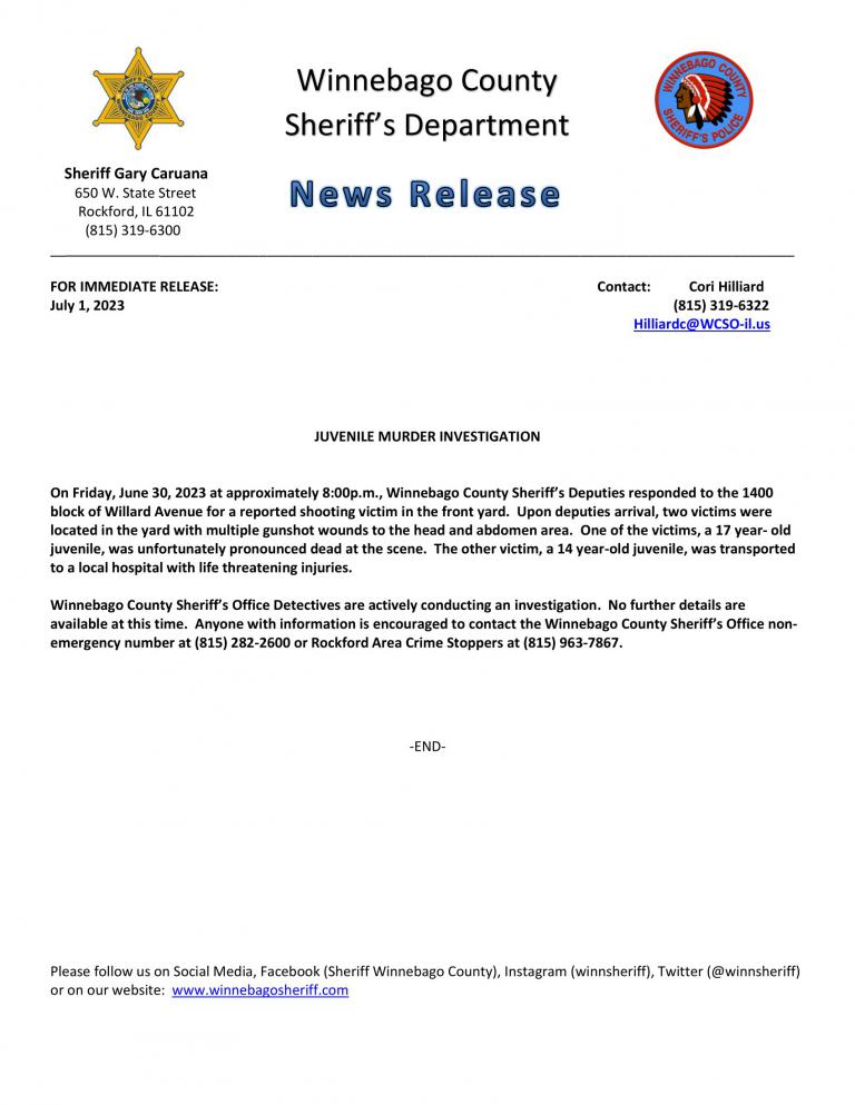 News Release - Willard Ave. Murder Investigation