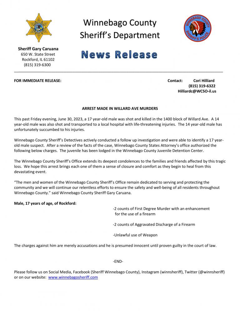 News Release - Willard Ave. Arrest