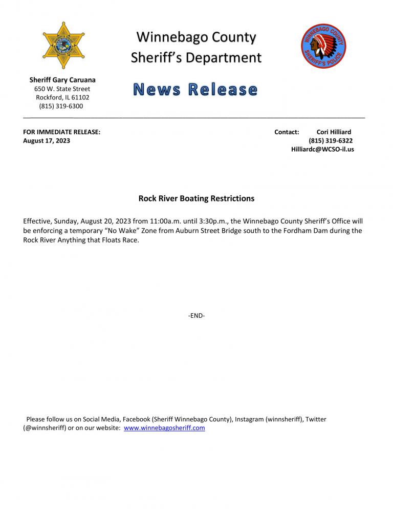 News Release - No Wake Enforcement Rock River Anything that Floats Raft Race