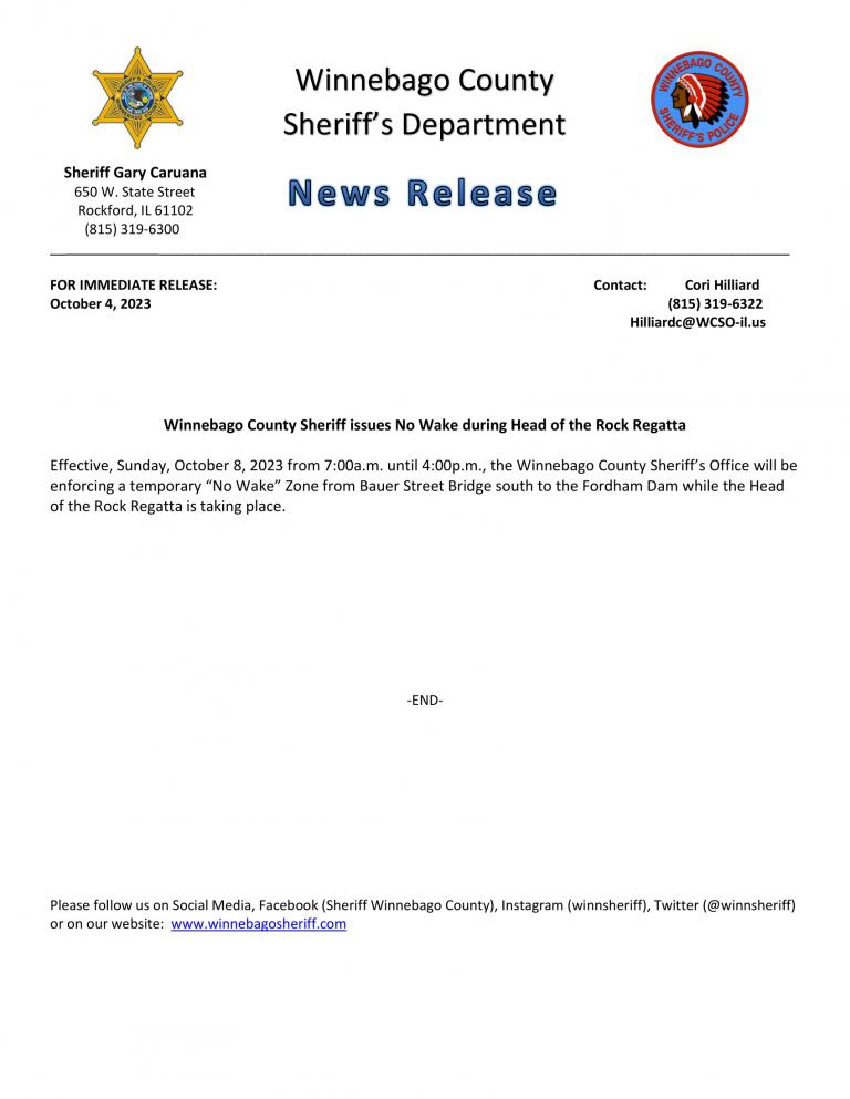 News Release - WCSO issues No Wake during Head of Rock Regatta