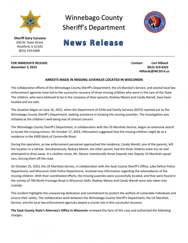 News Release - Arrests made in missing Juveniles located in Wisconsin