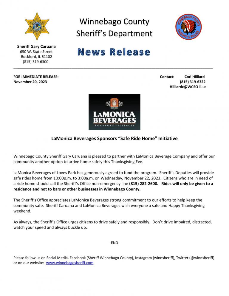 News Release - LaMonica Beverages Sponsors Safe Ride Home Initiative