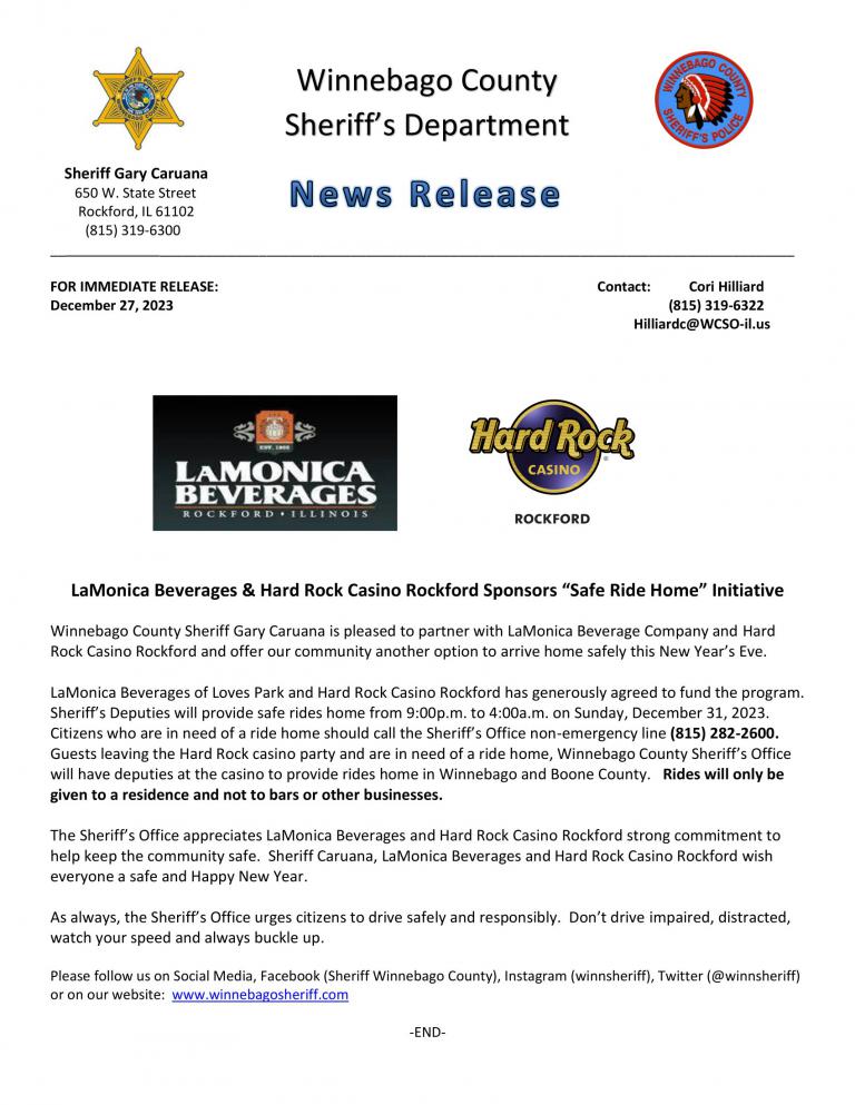 News Release - Safe Ride Home Initiative New Years Eve