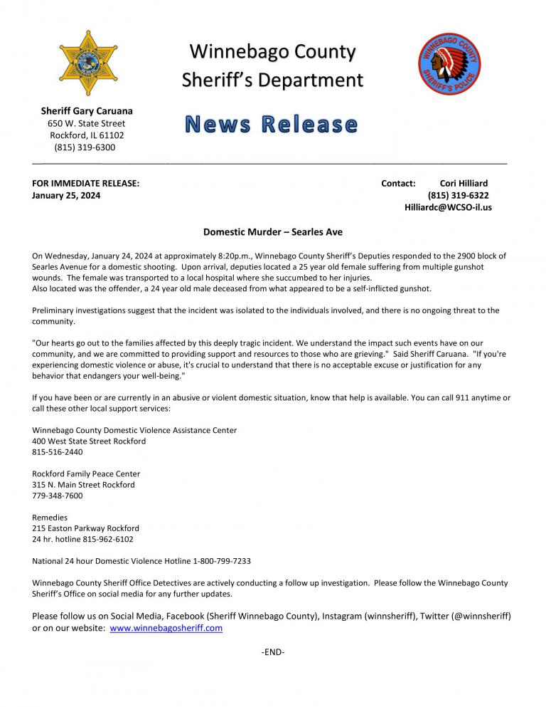 News Release - Domestic Murder - Searles Ave.
