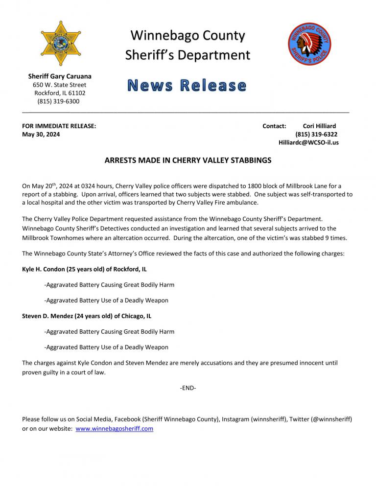News Release - Arrests Cherry Valley Stabbings