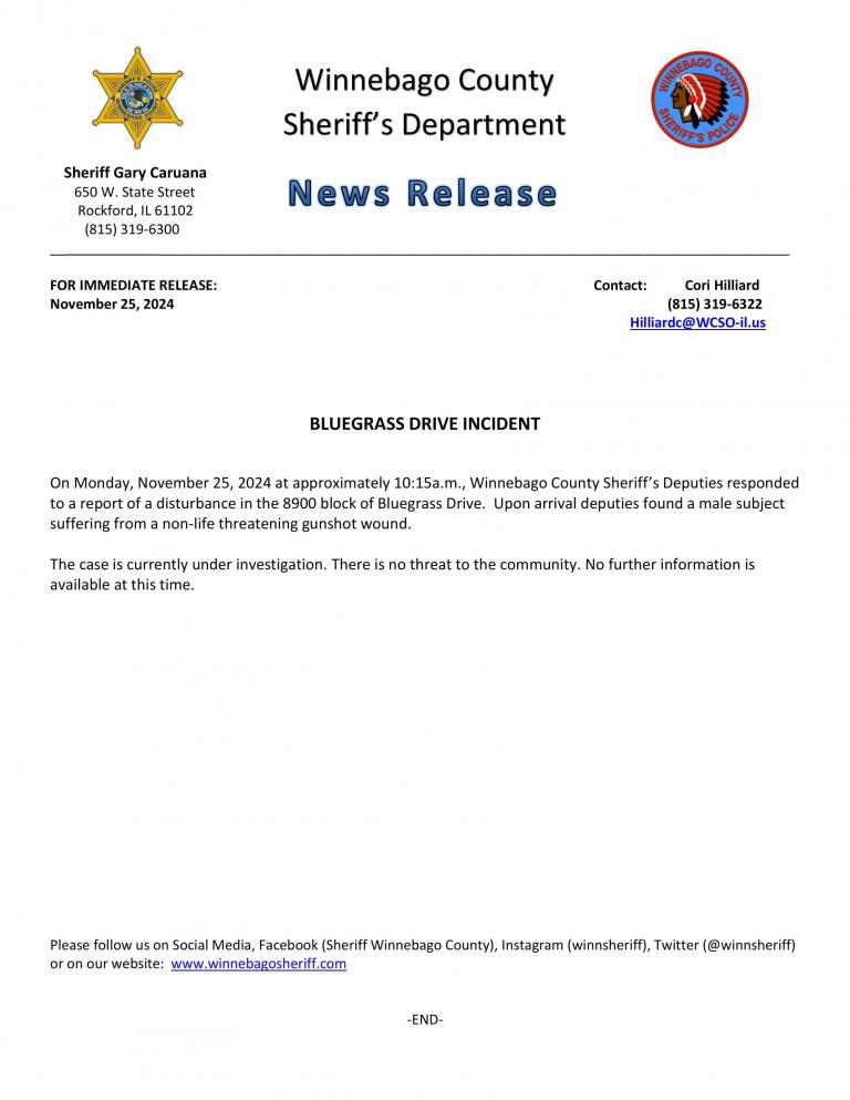 News Release - Bluegrass Drive Incident