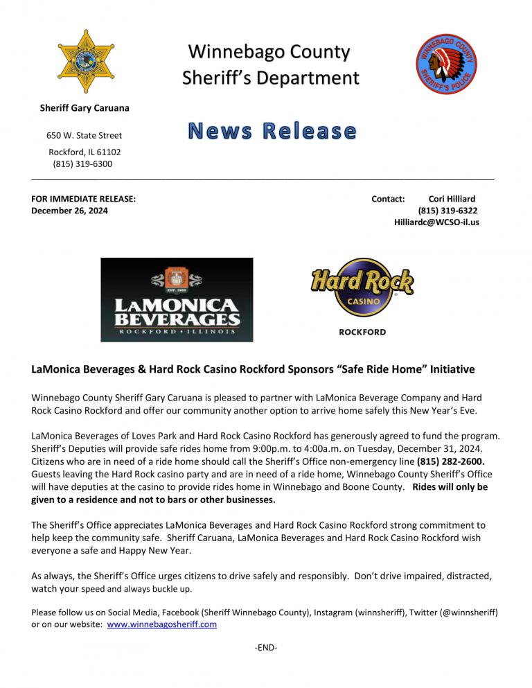 News Release - Safe Ride Home Initiative New Year's Eve