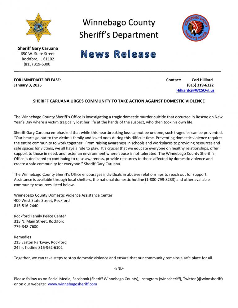 News Release - Sheriff Caruana urges Community to Take Action against Domestic Violence