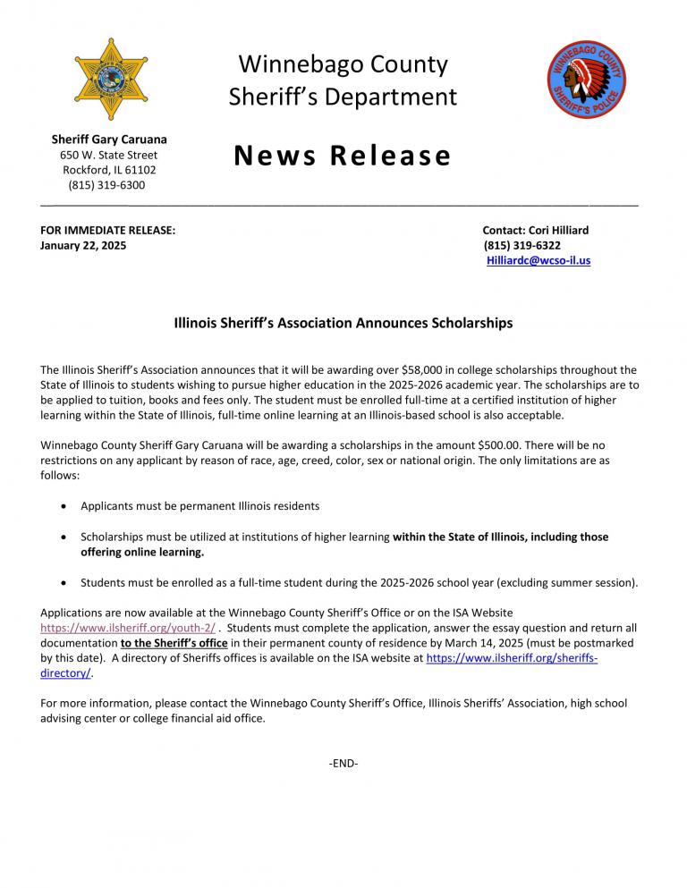 News Release - Illinois Sheriff's Assocation Scholarship 2025-2026