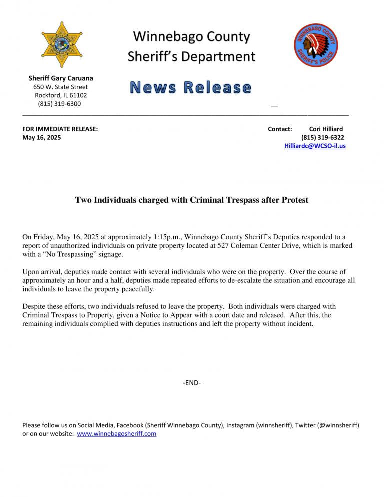 News Release - Arrests made after Protest/Coleman Center Drive