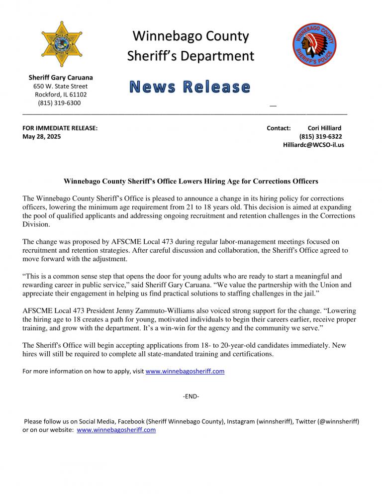 News Release - WCSO Corrections lowers hiring age
