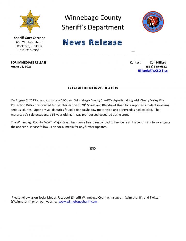 News Release - Fatal Accident 20th St. & Blackhawk Rd.