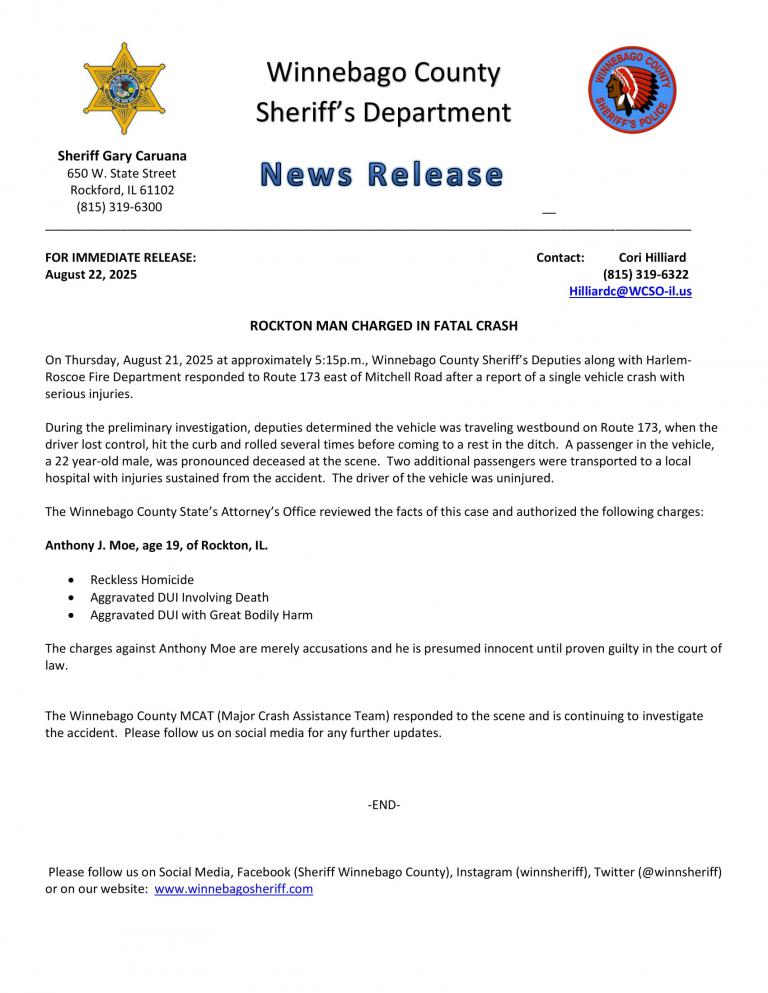 News Release - Rockton Man charged in Fatal Crash