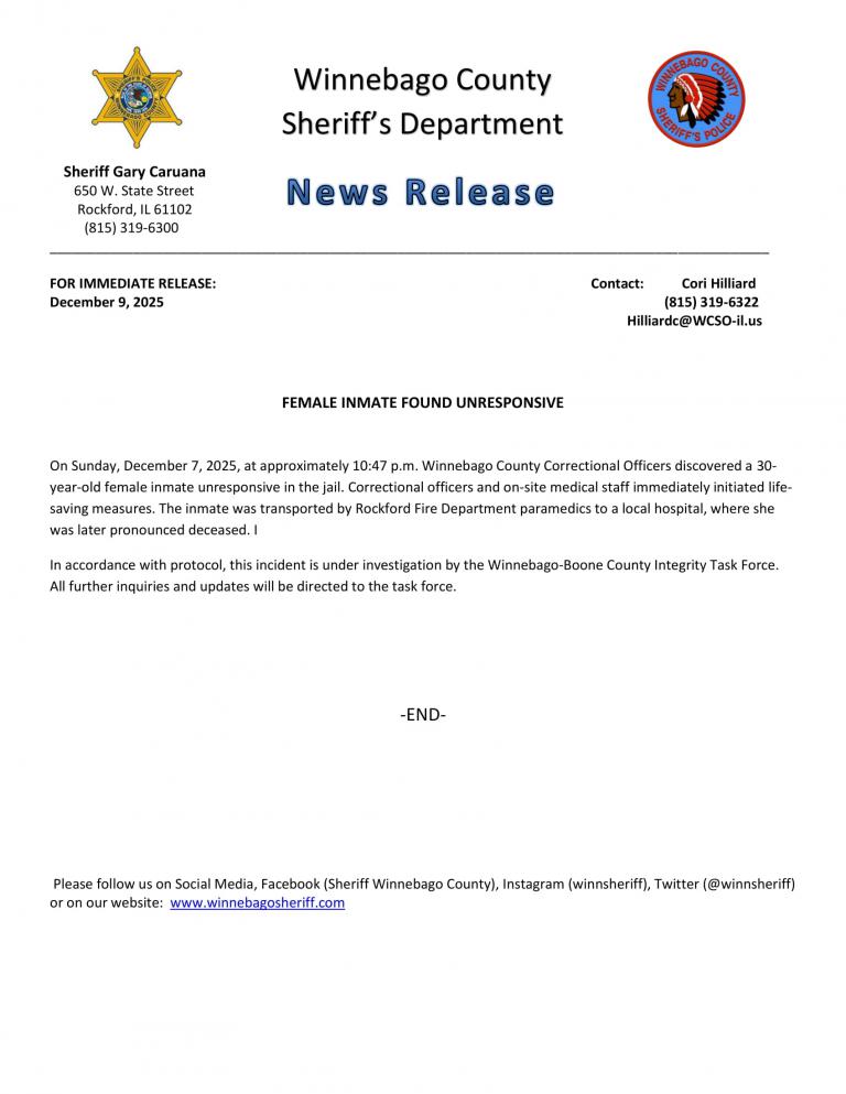 News Release - Female Inmate Found Unresponsive