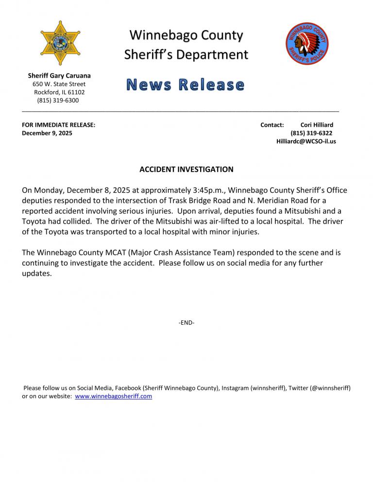 News Release - Accident Trask Bridge & N. Meridian Roads